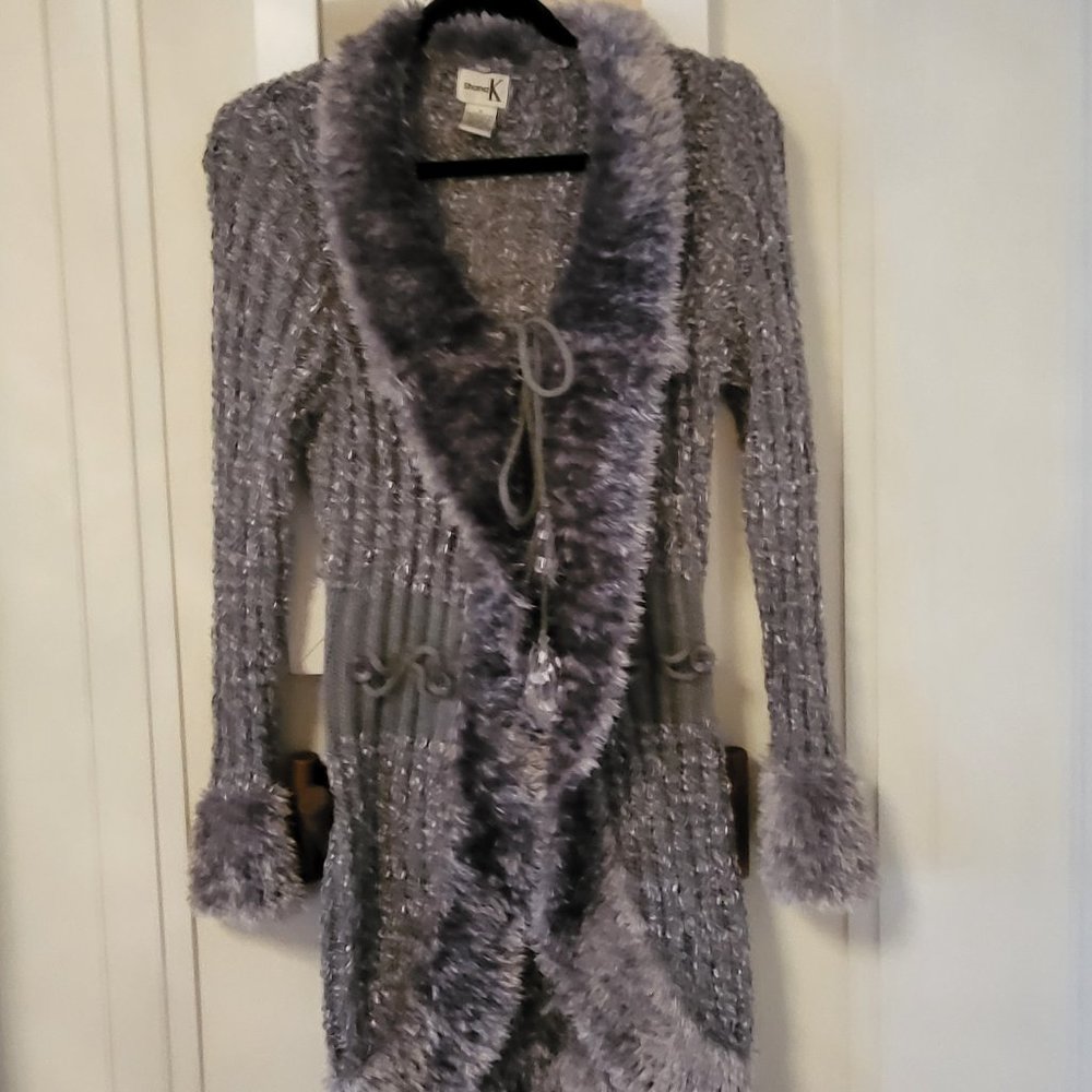 Shanna K, Gray Knit, Faux Fur Trimmed Sweater/Coat, Size Small.